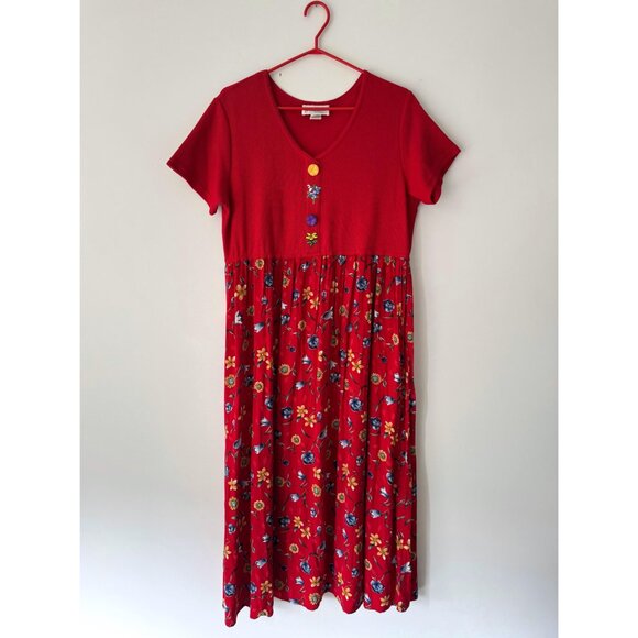 90s vintage red novelty floral print cottage kitschy ribbed casual maxi dress - Picture 8 of 9